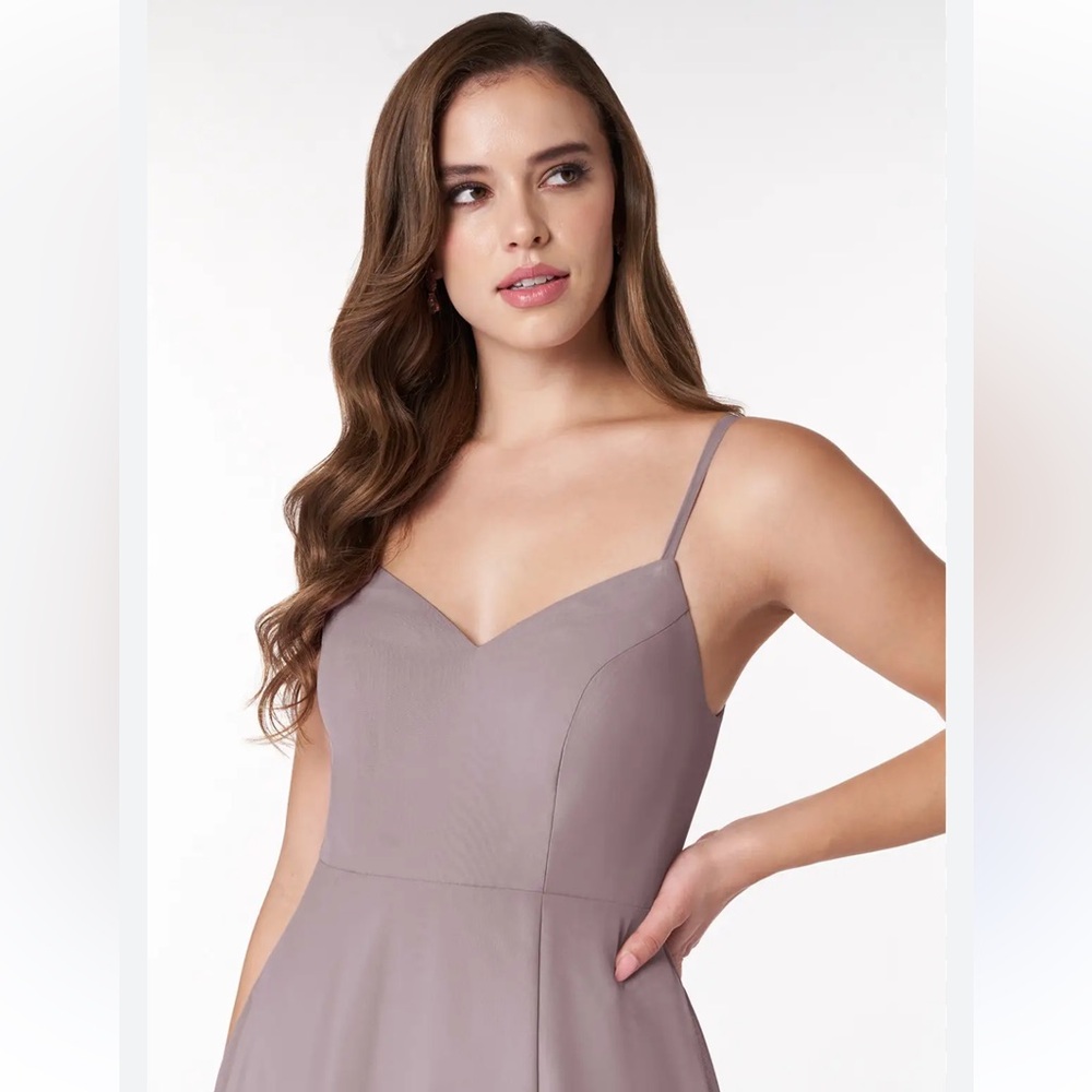 Azazie Mandy Maxi Dress in Taupe V Neck Formal Bridesmaid Size A2 - Picture 6 of 15